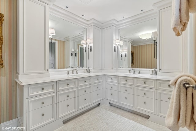 bathroom with vanity and crown molding