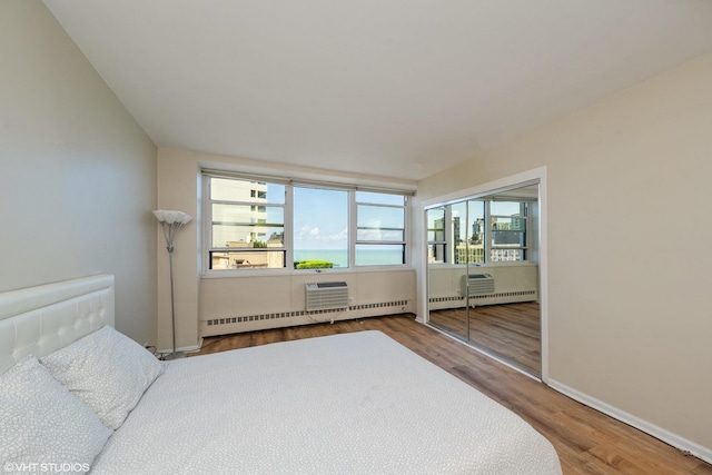 bedroom featuring multiple windows, baseboard heating, and wood finished floors