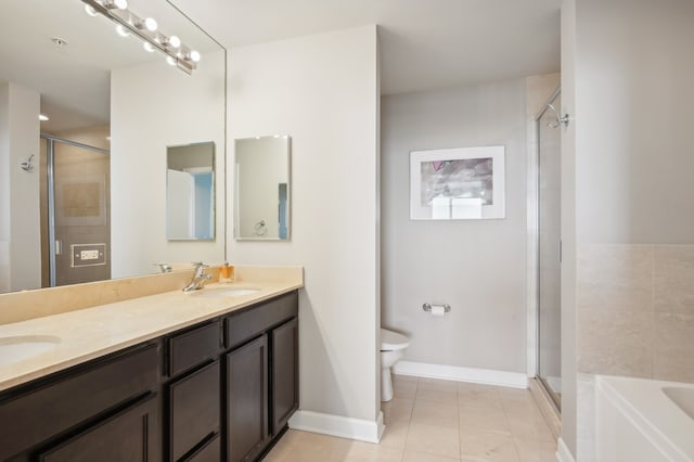 full bathroom featuring shower with separate bathtub, toilet, dual bowl vanity, and tile patterned flooring