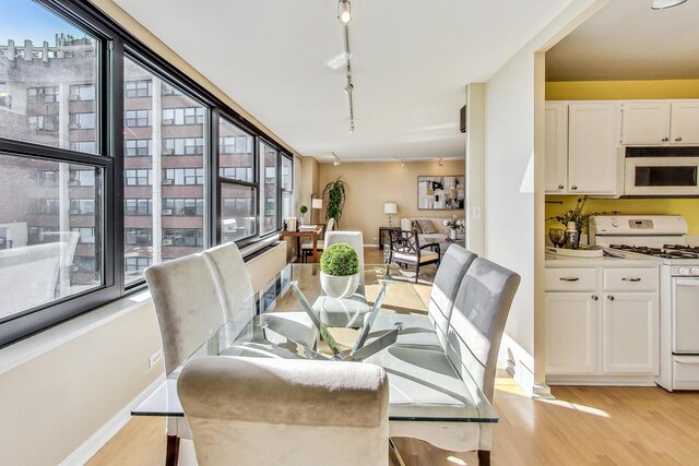 dining space featuring rail lighting and light hardwood / wood-style flooring