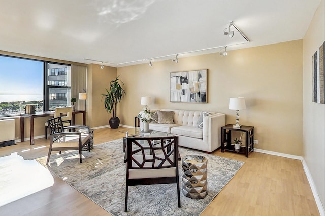 living room with light hardwood / wood-style flooring and track lighting