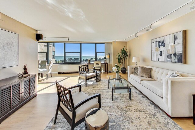 living room featuring rail lighting, light hardwood / wood-style flooring, and a water view