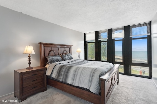 carpeted bedroom with a water view and a textured ceiling