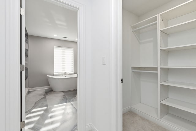 walk in closet with light colored carpet