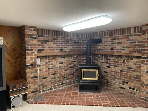 room details with carpet, wood walls, and a wood stove