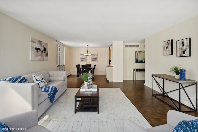 living room with parquet flooring