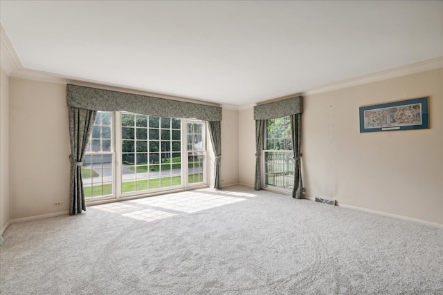 carpeted spare room with crown molding and a healthy amount of sunlight