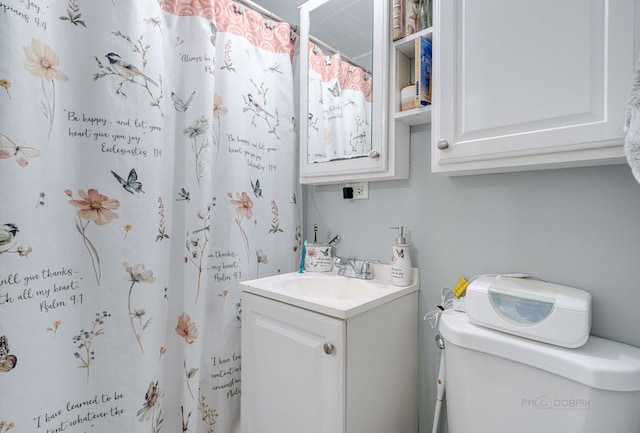 bathroom featuring vanity, a shower with shower curtain, and toilet