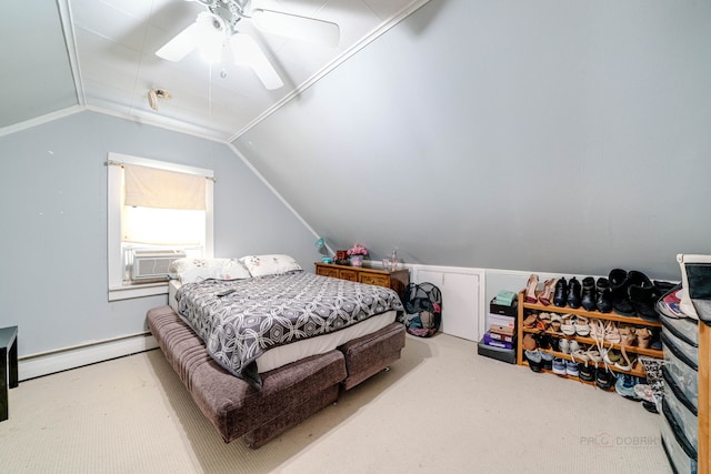 bedroom with lofted ceiling, light carpet, cooling unit, ceiling fan, and a baseboard heating unit