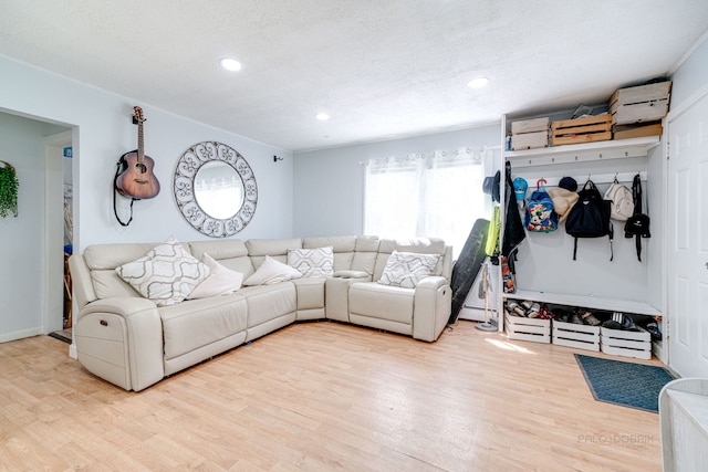 living room with hardwood / wood-style floors and a textured ceiling