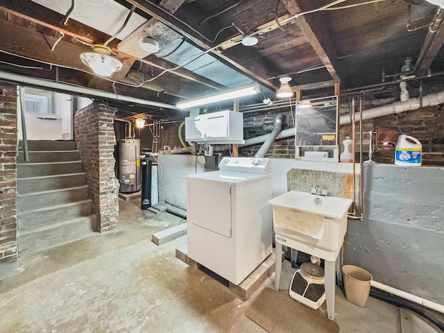 basement with gas water heater and sink