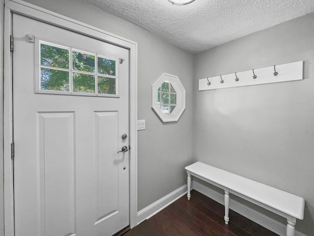 mudroom featuring a textured ceiling and dark hardwood / wood-style flooring