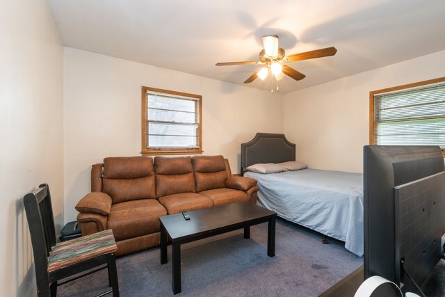 bedroom featuring carpet flooring and ceiling fan