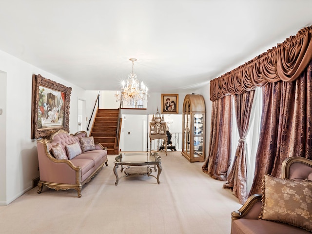 carpeted living room with a chandelier