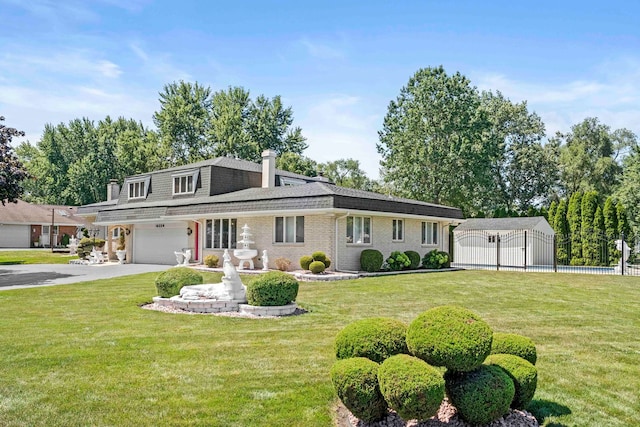 view of front of home featuring a storage unit, a front yard, and a garage