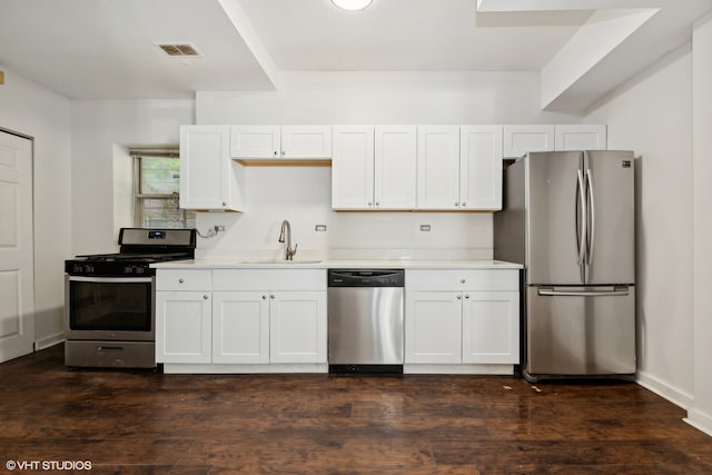 kitchen featuring white cabinetry, sink, appliances with stainless steel finishes, and dark hardwood / wood-style flooring