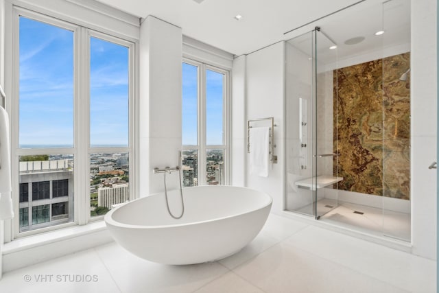 bathroom featuring tile patterned floors, separate shower and tub, and a healthy amount of sunlight