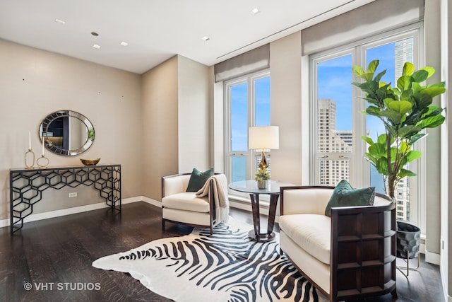 living area with plenty of natural light and hardwood / wood-style floors