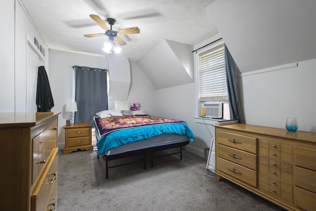 bedroom with ceiling fan, vaulted ceiling, cooling unit, and carpet