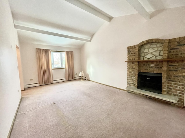 unfurnished living room featuring carpet flooring, vaulted ceiling with beams, a fireplace, and a baseboard heating unit