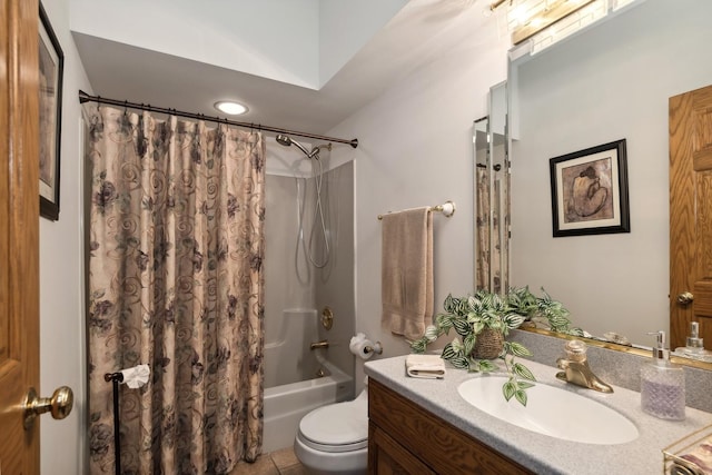 full bath featuring toilet, shower / bath combination with curtain, and vanity