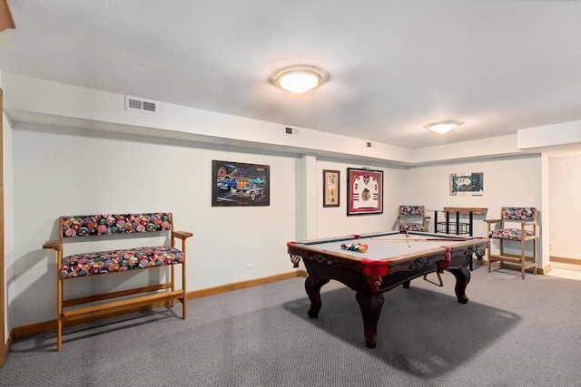 playroom with carpet, visible vents, billiards, and baseboards