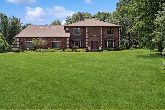 view of front of house with brick siding, a chimney, and a front lawn