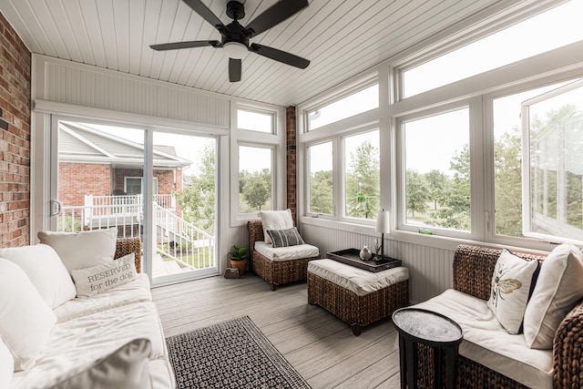 sunroom / solarium featuring ceiling fan, wooden ceiling, and a healthy amount of sunlight