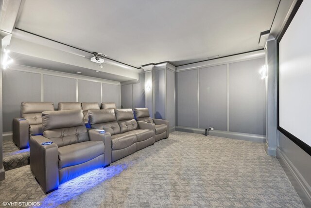 home theater featuring carpet floors