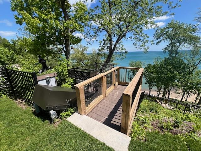 view of community with a deck with water view