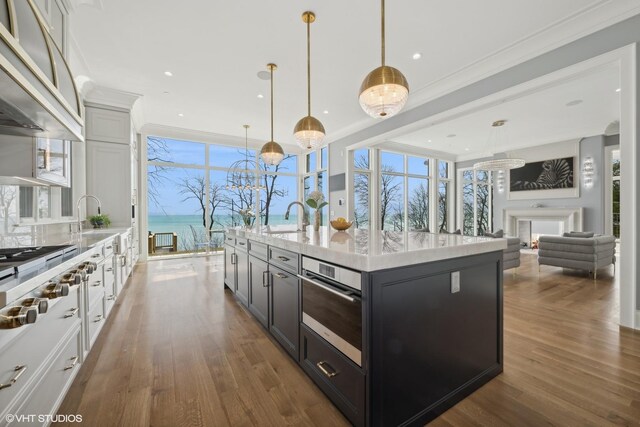 kitchen featuring dark hardwood / wood-style floors, white cabinetry, appliances with stainless steel finishes, pendant lighting, and ornamental molding