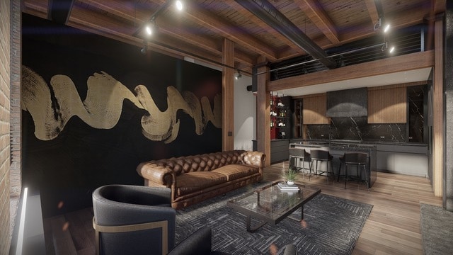 living room featuring beamed ceiling, wood ceiling, and light hardwood / wood-style floors