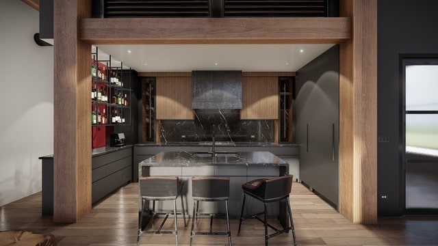 kitchen with range hood, tasteful backsplash, sink, and light hardwood / wood-style floors