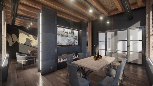 interior space with beam ceiling, dark hardwood / wood-style floors, and wooden ceiling