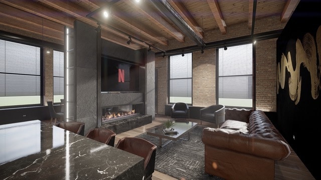 sunroom / solarium with wooden ceiling, beamed ceiling, and a large fireplace