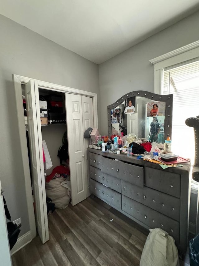 bedroom featuring dark wood-type flooring and a closet