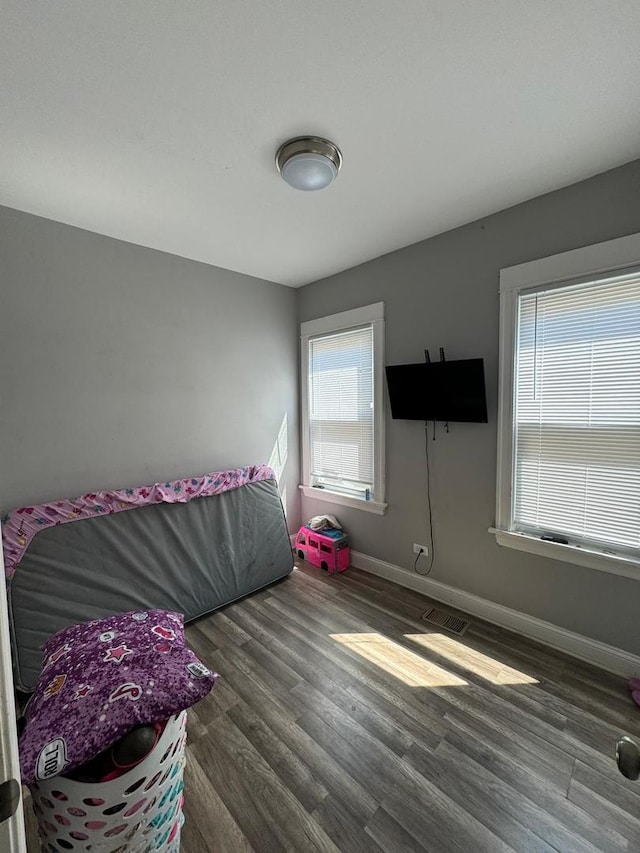 bedroom with dark hardwood / wood-style flooring and multiple windows