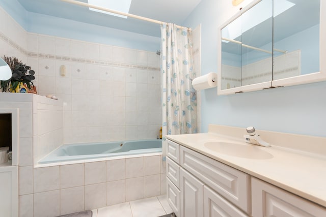 bathroom featuring shower / tub combo, tile patterned floors, and vanity