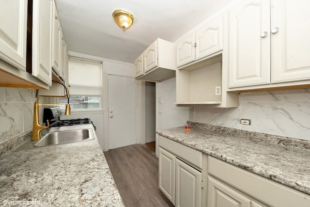 kitchen with white cabinetry, sink, light stone countertops, tasteful backsplash, and dark hardwood / wood-style flooring