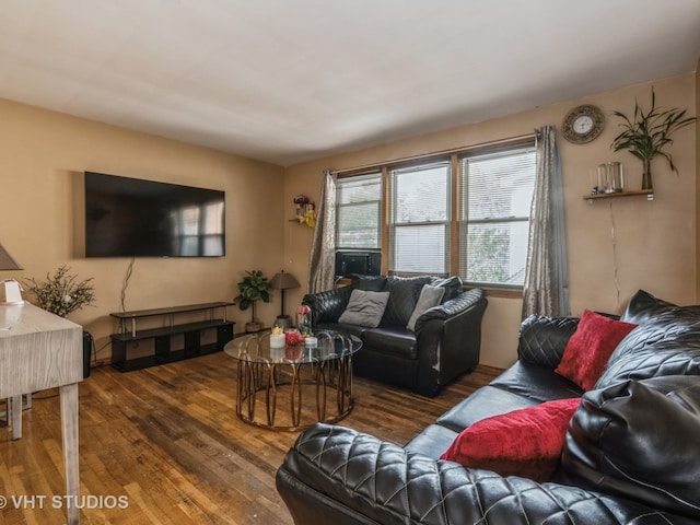 living room with dark wood-type flooring