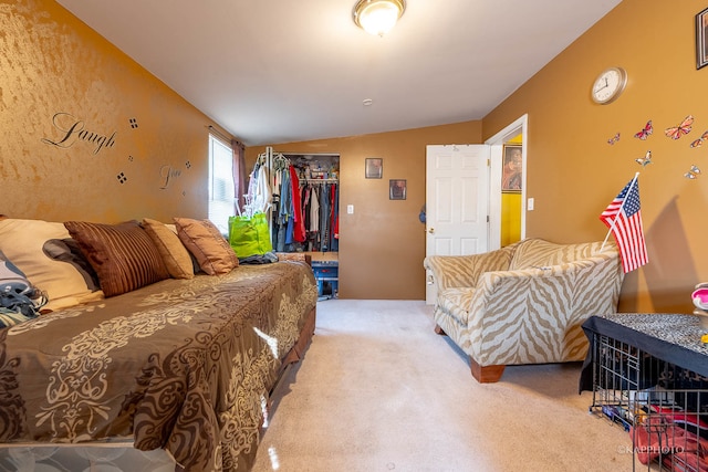 bedroom featuring light carpet, a closet, and vaulted ceiling