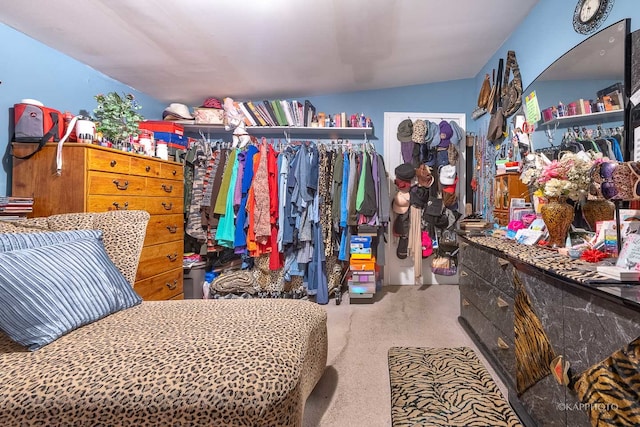 walk in closet with carpet floors and lofted ceiling