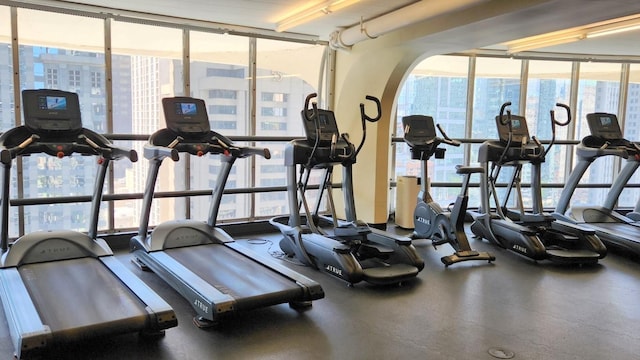 exercise room featuring floor to ceiling windows