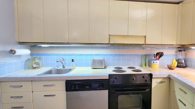 kitchen with sink, tasteful backsplash, white electric range oven, and dishwasher