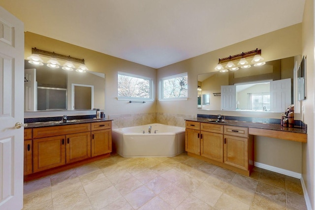 bathroom with vanity and plus walk in shower