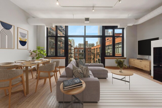 living room featuring light hardwood / wood-style flooring, a wall of windows, and rail lighting