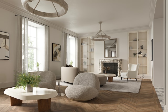 living area featuring built in shelves, ornamental molding, plenty of natural light, and parquet floors