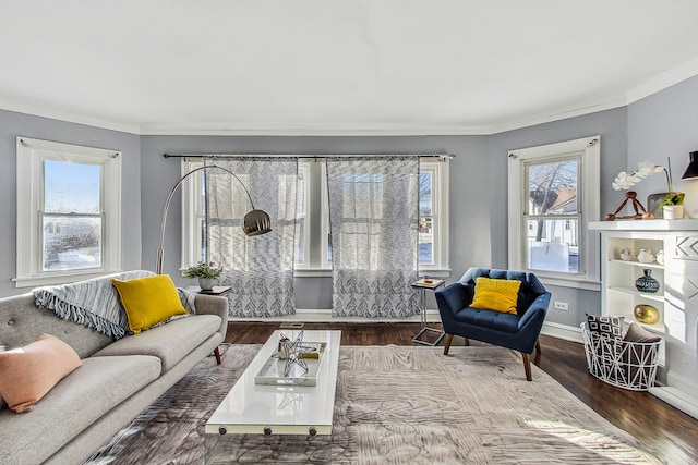 living room with dark wood-type flooring, crown molding, and a wealth of natural light