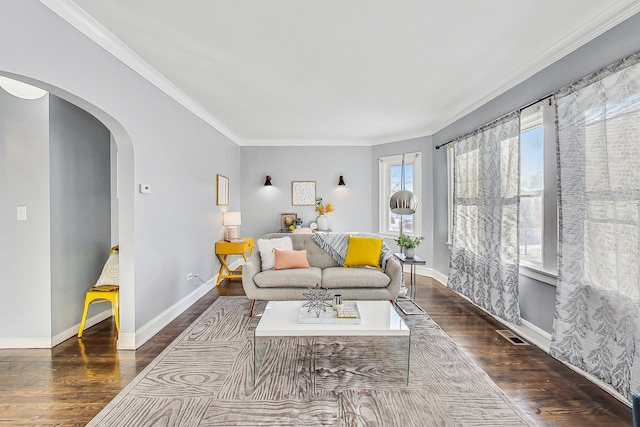 living room featuring ornamental molding and dark hardwood / wood-style floors