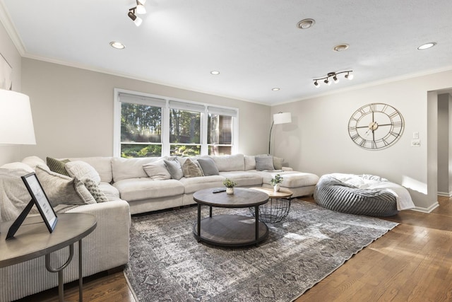 living room with crown molding, rail lighting, and dark wood-type flooring